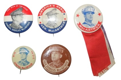 Lot (5) WWII General Douglas MacArthur Patriotic Pin Buttons