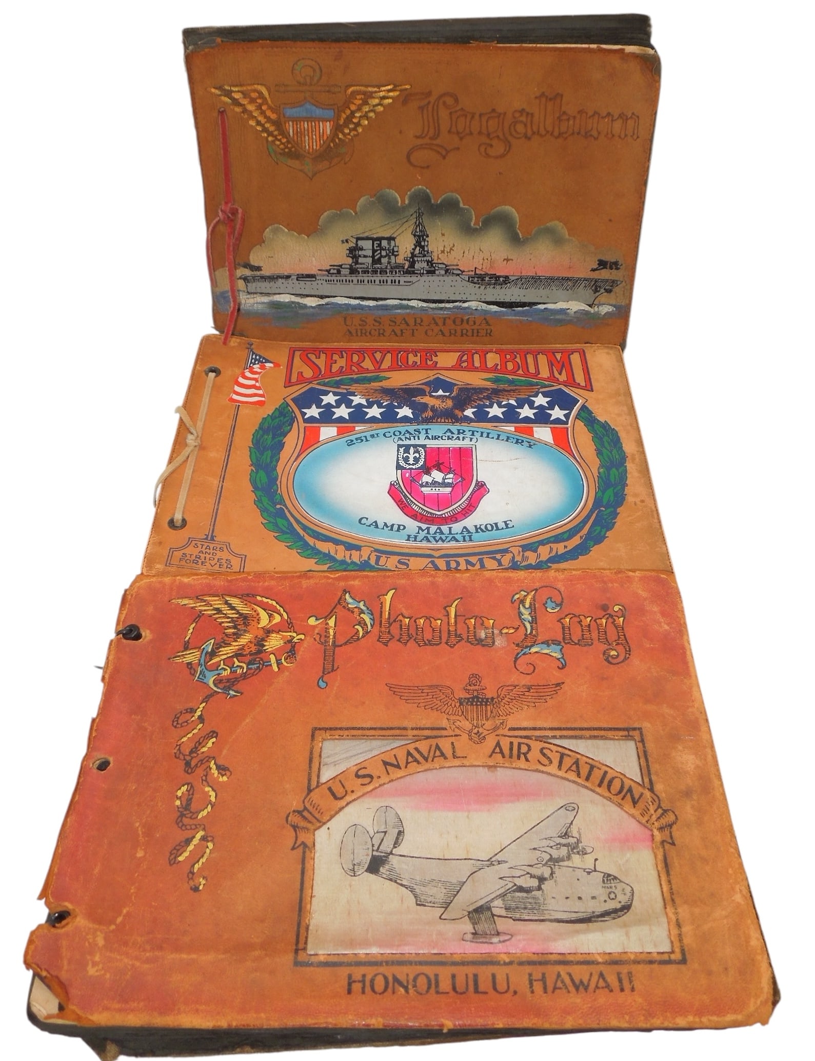 Lot (3) WWII US Military Hawaii Photo Albums 251st CA USS Saratoga: Mostly empty Hawaii themed albums, mostly empty except for a few photos.