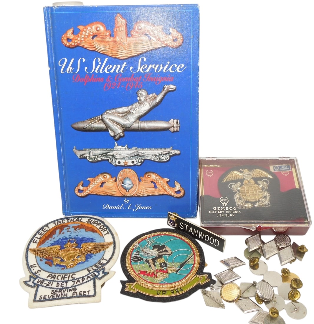 Post WWII US Navy Bullion Patch CAP Cadet Pins & US Silent Service Submarine Book: Lot as shown including US Coast Guard and Geodetic Survey cap badge in bullion (cased), sub badge book, two bullion patches, and a mix of cadet rank pins and name tag.