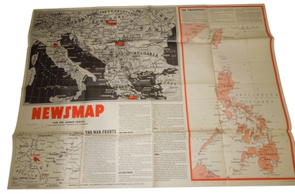 WWII 1944 News Map of United States, Europe, & Pacific