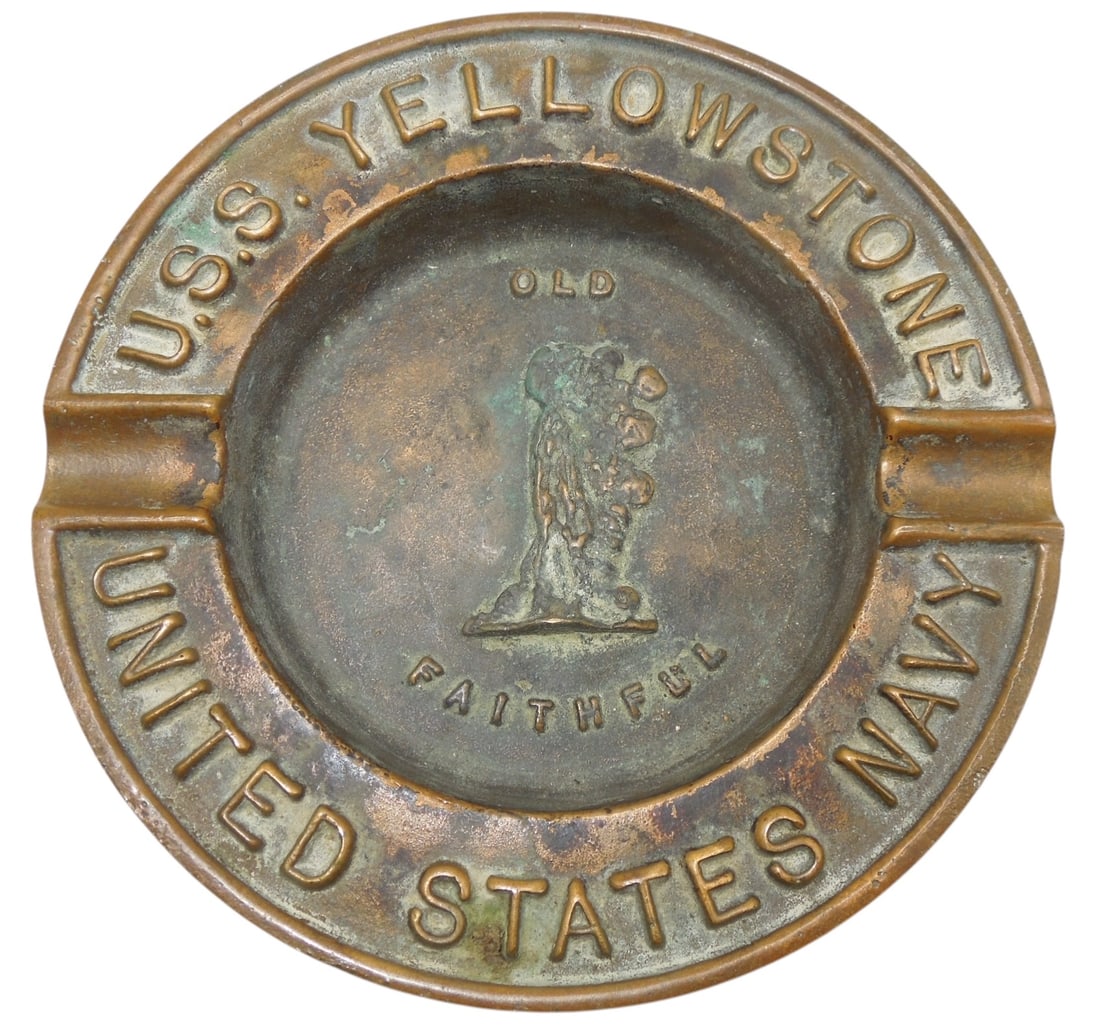 Heavy WWII USS Yellowstone Old Faithful US Navy Ship Ashtray: Heavy brass ashtray.