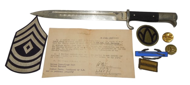 WWII US Army 89th Division Captured German K98 Bayonet & Document CIB Lot