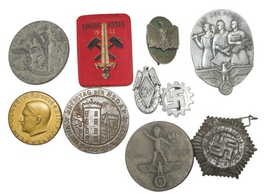 Lot (10) WWII German Military & Patriotic Tinnie Pins Worker Badge
