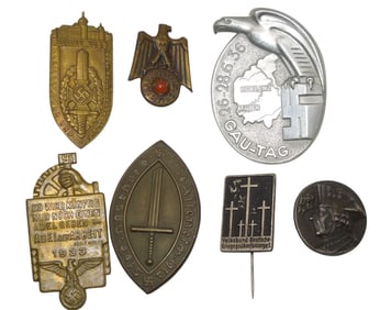 Lot (7) WWII German Military & Patriotic Tinnie Pins Gau Tag