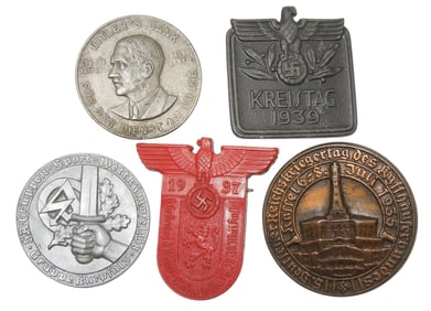 Lot (5) WWII German Military & Patriotic Tinnie Pins SA Kreistag