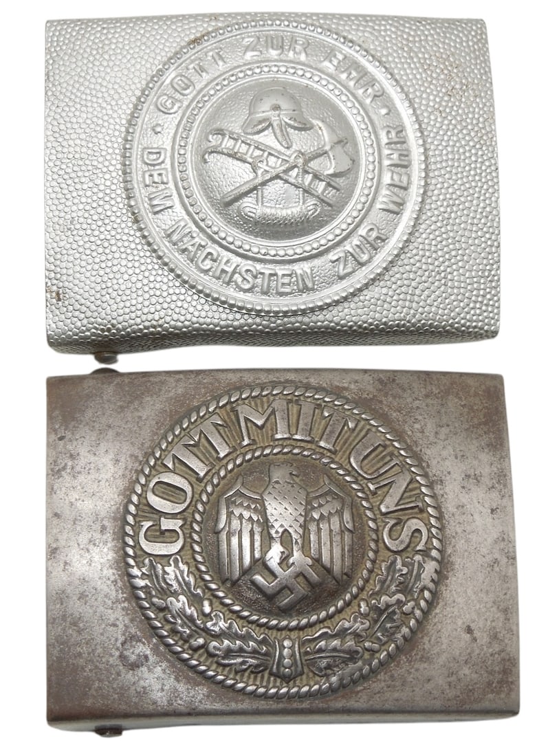 Lot (2) WWII German Heer & Firefighter Belt Buckles: Heer is marked on the back.