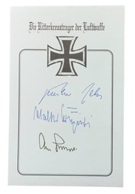 WWII German Luftwaffe Aces Rall, Galland & Krupinski Knights Cross Signed Book Plate