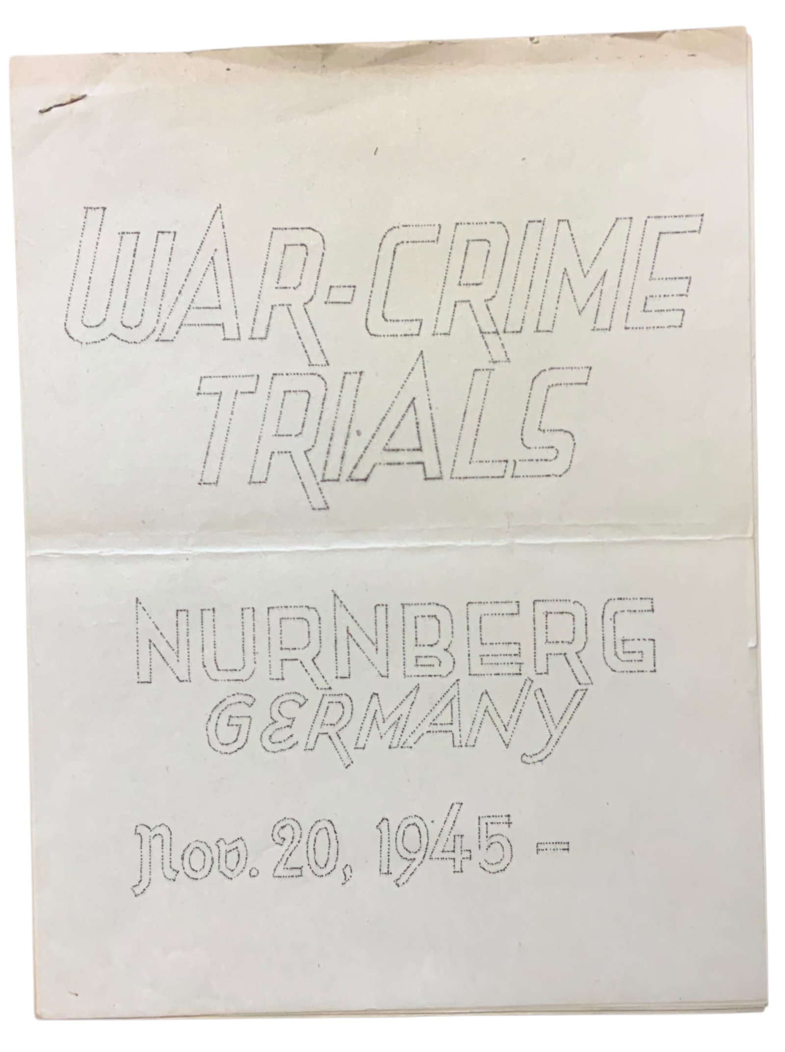 WWII 1945 War Crime Trials Nurnberg, Germany Original Packet: Original packet WWII 1945 War Crime Trials Nurnberg, Germany. This stapled packet of 8 pages (2 pages are the same) include the floor plan of the court room with a numbered list of where each person i