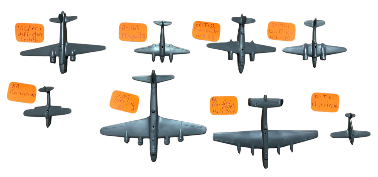 RAF Royal Air Force Cruver Aircraft Spotter Recognition Planes Lot (8): RAF Royal Air Force Cruver WWII Aircraft Spotter Recognition Planes. You will receive the following (8) British planes: Vickers Wellington, Mosquito, Marauder USB 26, Baltimore USH30, Short Sterling, 