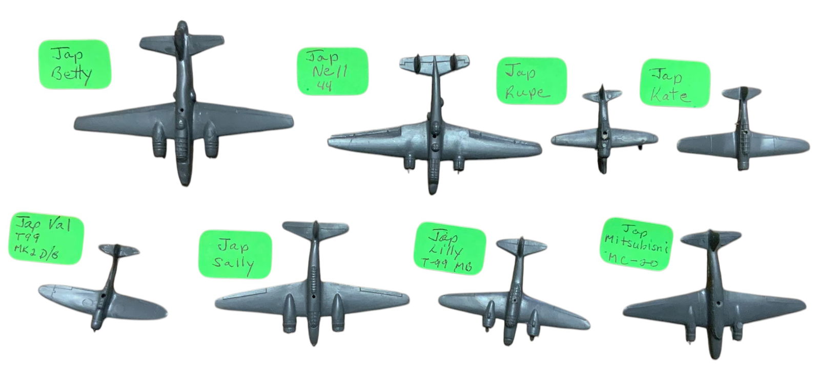 Japanese Japan Cruver Aircraft Spotter Recognition Planes Lot (8): Japanese Japan Cruver WWII Aircraft Spotter Recognition Planes. You will receive the following (8) Japanese planes: Betty, Nell 44, Rupe, Kate, Val R99 MK2 D/D, Sally, Lilly T-99 MB and Mitsubishi MC-
