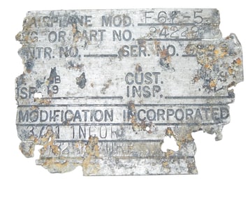 WWII US Navy Fighter Plane F6F-5 Metal Data Plate