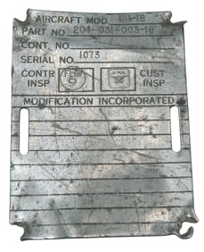 Vietnam War US Amy UH-1B Huey Helicopter Metal Data Plate