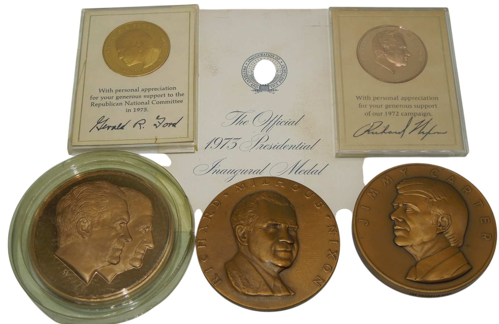 Lot 1970s US Presidential Bronze Political Table Medals Ford Nixon Carter: Lot of heavy table medals as shown, mostly bronze.