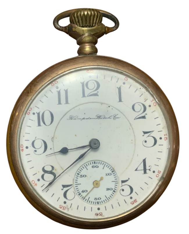 1906 Hampden Watch Co. Pocket Watch (2271266) Railroad Grade Railway: 1906 Hampden Watch Co. Pocket Watch (2271266). Railroad Grade. Railway. Openface. 19 jewels (ruby & sapphire). 16s (1.7 inches). Gilt inlay and nickel finish. Dueber case. The working condition has no