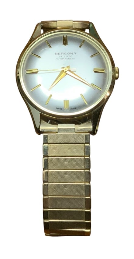 Bercona Deluxe Swiss Made Parts Wrist Watch 1/20 10k GF Top: Bercona Deluxe Swiss Made Wrist Watch. 1/20 10k GF Top. Wrist band is marked Baldwin. The working condition has not been checked. This piece may need service due to the age and wear. You are bidding o