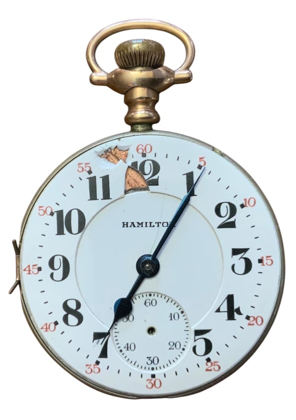 1910 Hamilton Watch Co. Pocket Watch Movement (794294) & Dial Grade 974: 1910 Hamilton Watch Co. Pocket Watch Movement (794294) & Dial for parts or repair. Grade: 974. Model Production. Nickel finish. 16s (1.7 inches). 17 jewels. The working condition has not been checked.