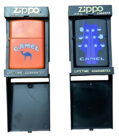 1992 & 1995 Zippo Lighters Camel Cigarettes Orange & Guitar Lot (2)