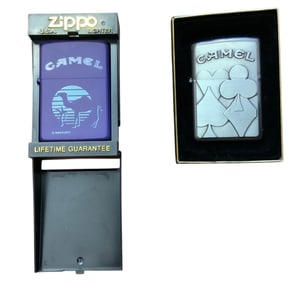 1994 & 1996 Zippo Lighters Camel Cigarettes Purple Oasis and Card Suit Lot (2)