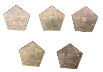 1962 US Army Ordnance Corps 150th Anniversary Picatinny Arsenal Tokens / Coins Lot of (5)