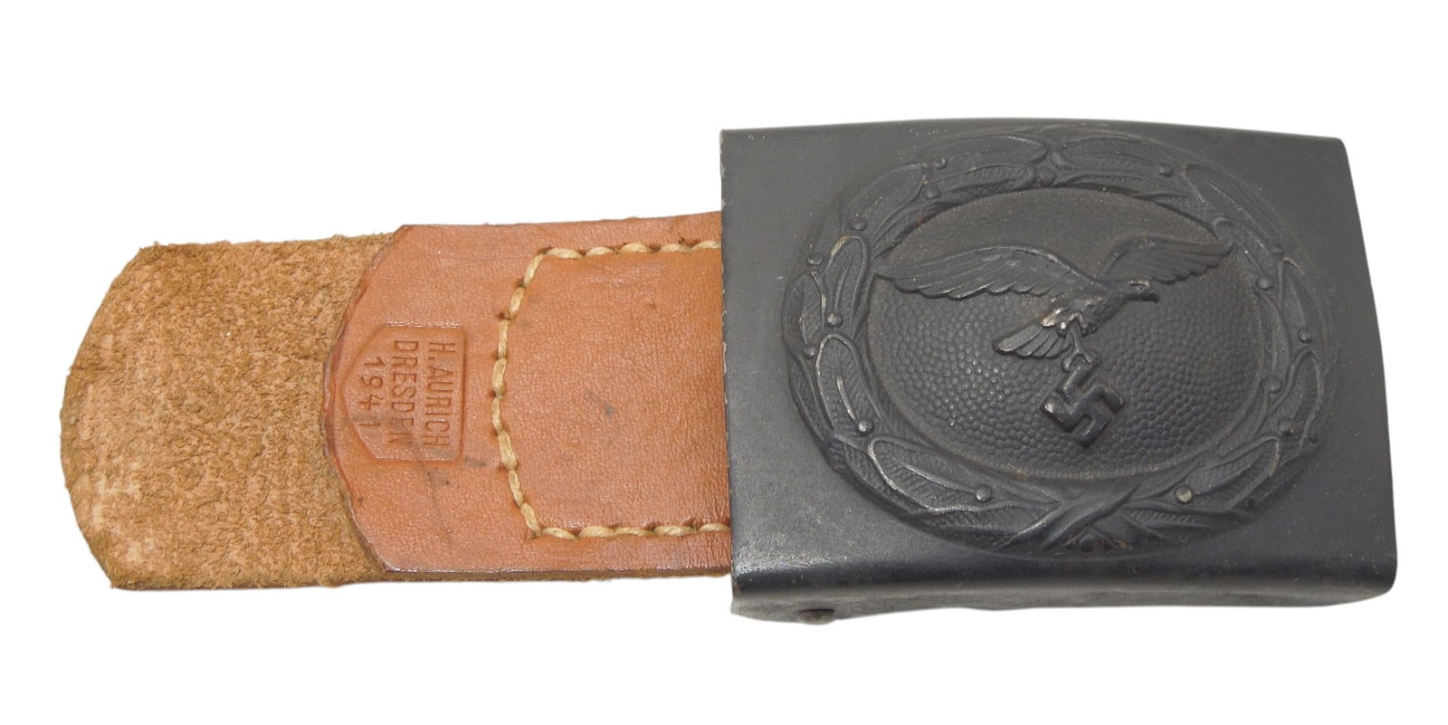 WWII German Air Force Luftwaffe 1941 H. Aurich Dresden Uniform Belt Buckle: Original as shown with leather piece.