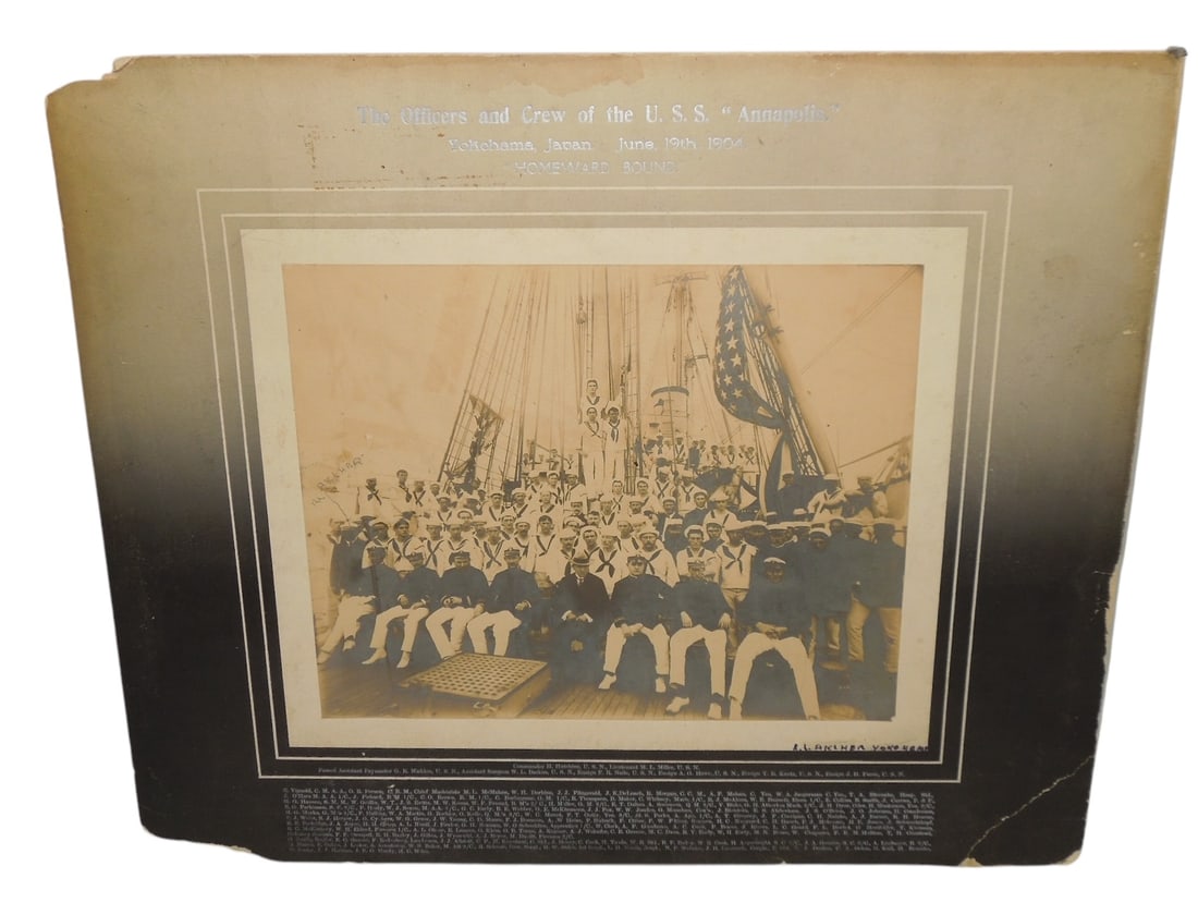 1904 Crew of USS Annapolis Navy Ship in Yokohama, Japan: Original photo naming the crew of the USS Annapolis ship from 1904. Edges have some pieces broken or missing, and there is also staining.