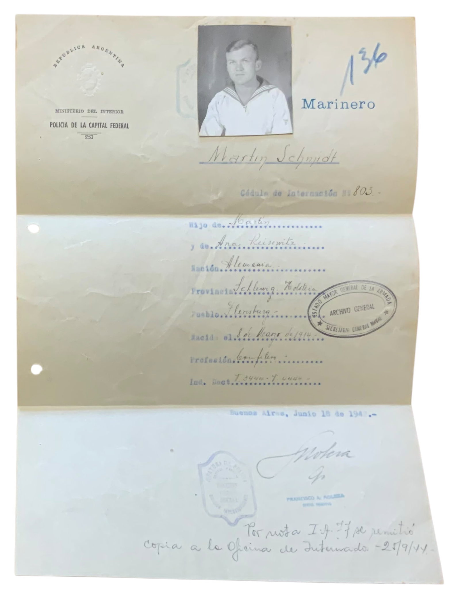 WWII German Cruiser Admiral Graf Spee Argentina Internee Martin Schmidt Document: WWII Era German Cruiser Admiral Graf Spee Argentina Internee Martin Schmidt Document. Martin Schmidt was a crew member of the German armored battleship Admiral Graf Spee. He and the rest of the crew p