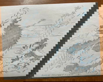 Disney Steamboat Willie Mickey & Pete Pencil Concept Color Drawing Len Smith Signed #4