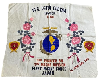 1950s Japan Hand Painted USMC 3rd Marine Division Engineer Souvenir Flag