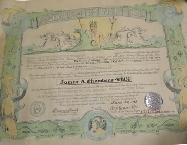 WWII 1945 US Navy USS Medea Crossing Line Certificate Signed By 58 Sailors