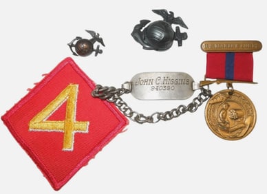 WWII USMC 4th Marine Division STERLING ID Bracelet Patch Medal EGA Lot