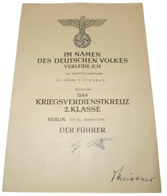 WWII 1943 Berlin War Merit Cross Medal Document to Agriculture Doctor