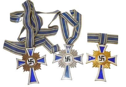 WWII German Military Bronze, Silver, Gold Colored Mothers Cross Medals