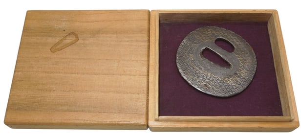 Circa 1700s Japanese Samurai Sword Kaga Style Tsuba & Box