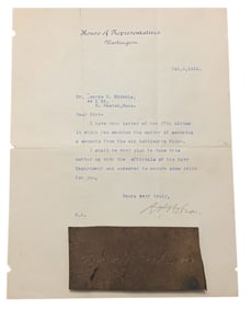 US Navy Battleship Maine Metal Memento & Signed Letter House of Representatives Senator Hobson
