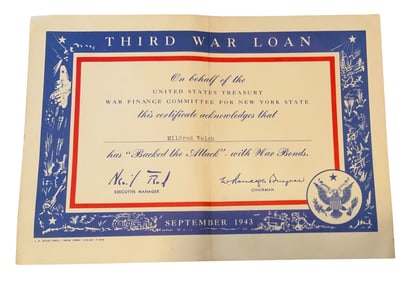 WWII 1943 New York Third 3rd War Bond Loan Certificate Home Front