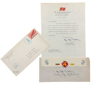 WWII 1945 US Marine Corps MG Cates 4th Marine Division Signed Letter & Insignia