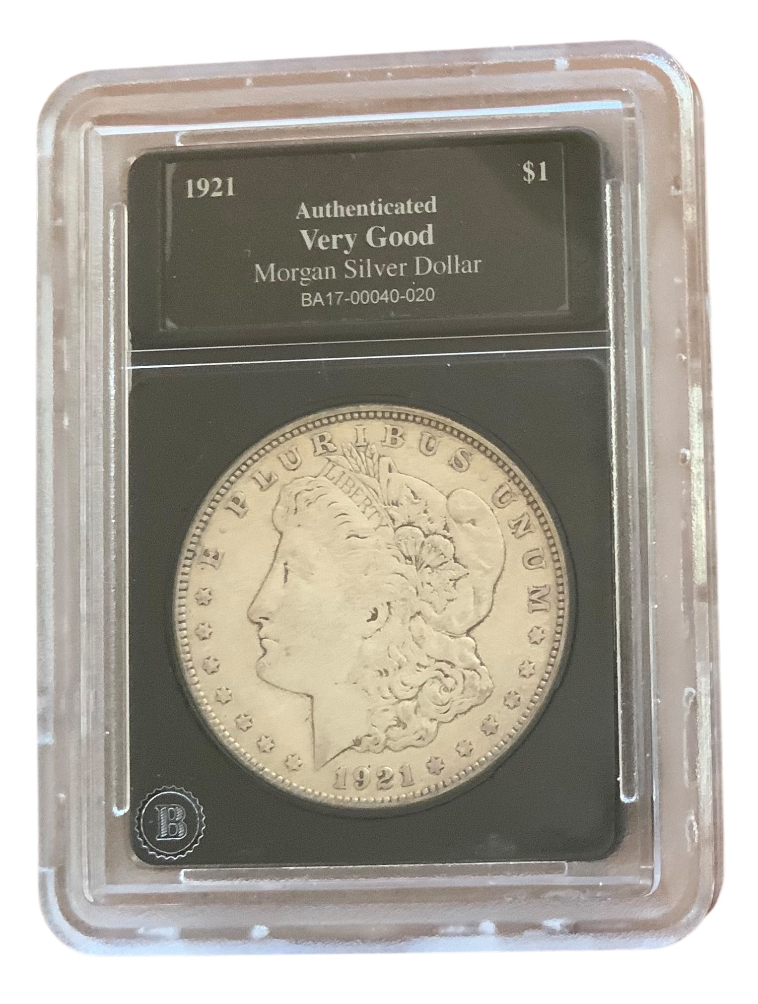 1921 S Morgan Silver Dollar Certified Bradford Exchange: 1921 S Morgan Silver Dollar Certified Bradford Exchange. Graded very good by Bradford Exchange. Authenticated Collectors Edition. Mint mark on the reverse: S. Look over pictures for the condition and 