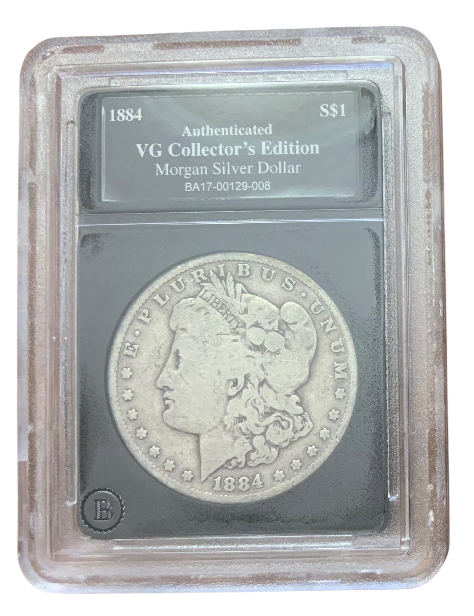 1884 Morgan Silver Dollar Certified Bradford Exchange: 1884 Morgan Silver Dollar Certified Bradford Exchange. Graded very good by Bradford Exchange. Authenticated Collectors Edition. Mint mark on the reverse: none. Look over pictures for the condition and