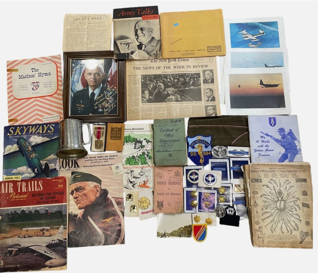 WWI WWII Vietnam Pins Books Magazines Hat Medal Aviation Signed General: Large lot of Misc. militaria including an early pre WWI Bannerman's military catalog.