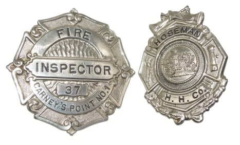 Lot (2) Fire Department Badges Carneys Point Inspector & Hoseman