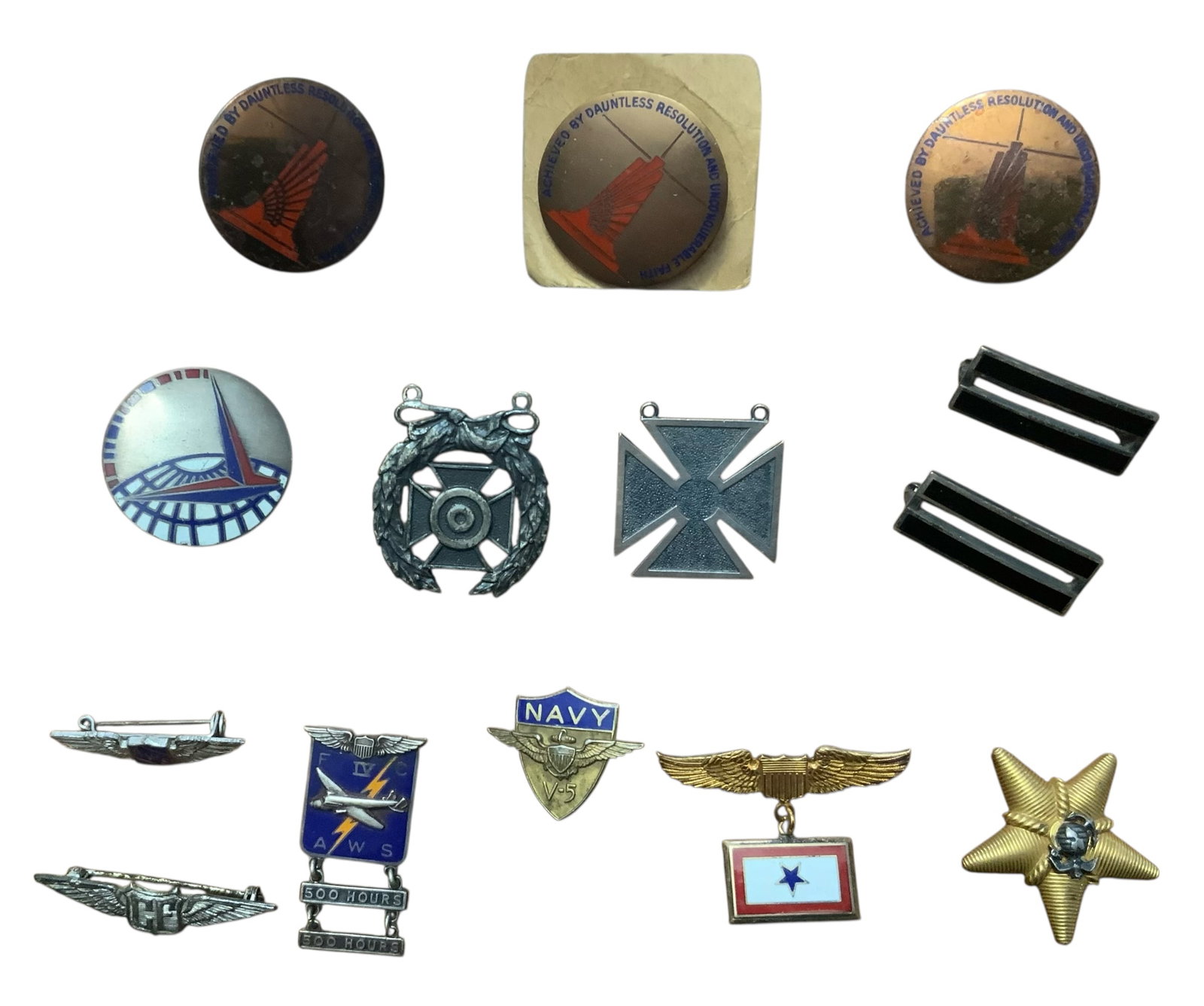 WWII Era Army, Navy, Marines, Air Force Badges, Insignia & Sweetheart Pins Lot (14): WWII Era Army, Navy, Marines, Air Force Badges, Insignia & Sweetheart Pins. Lot of (14). Some pieces are marked STERLING. Hallmarks on the reverse include the following: BASTIAN BROS CO., ROCHESTER, N