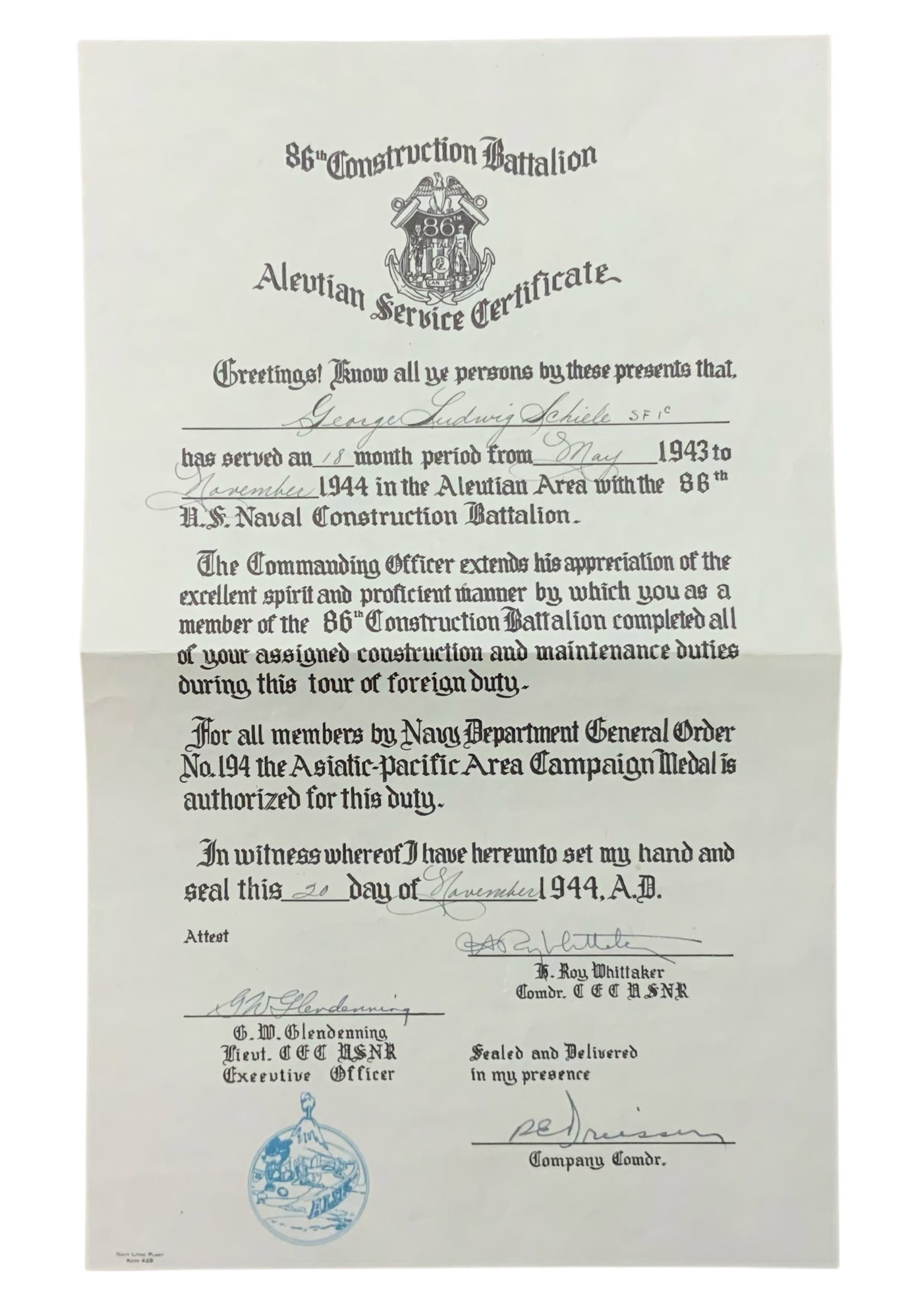 WWII USN Navy Named 86th Construction Battalion Aleutian Service Certificate (1 of 3)