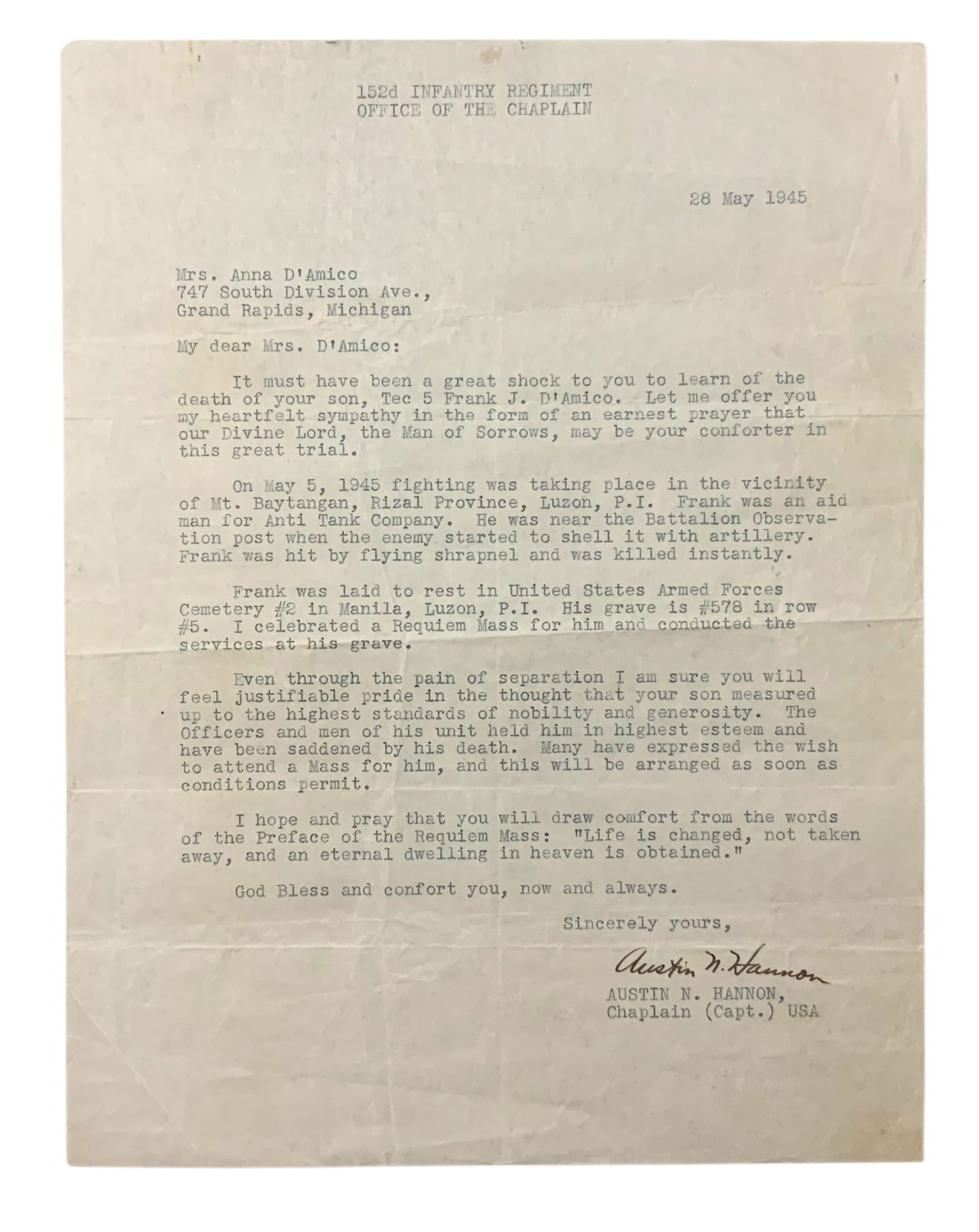 WWII 1945 Pacific Named Killed In Action (KIA) Chaplain Letter (1 of 4)