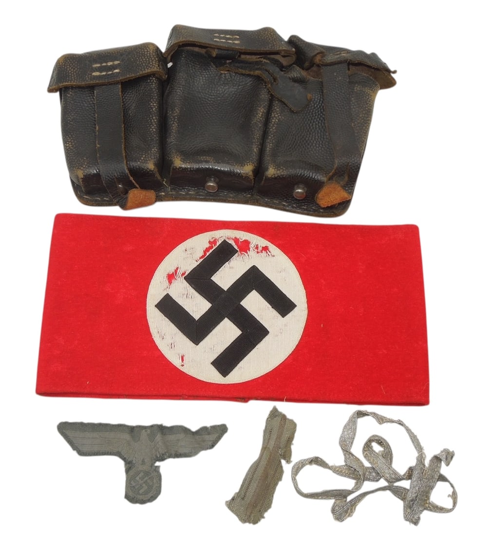 WWII German Military Ammo Pouch Patches & NSDAP Armband: Lot as shown. All pieces are in field used / fair condition.