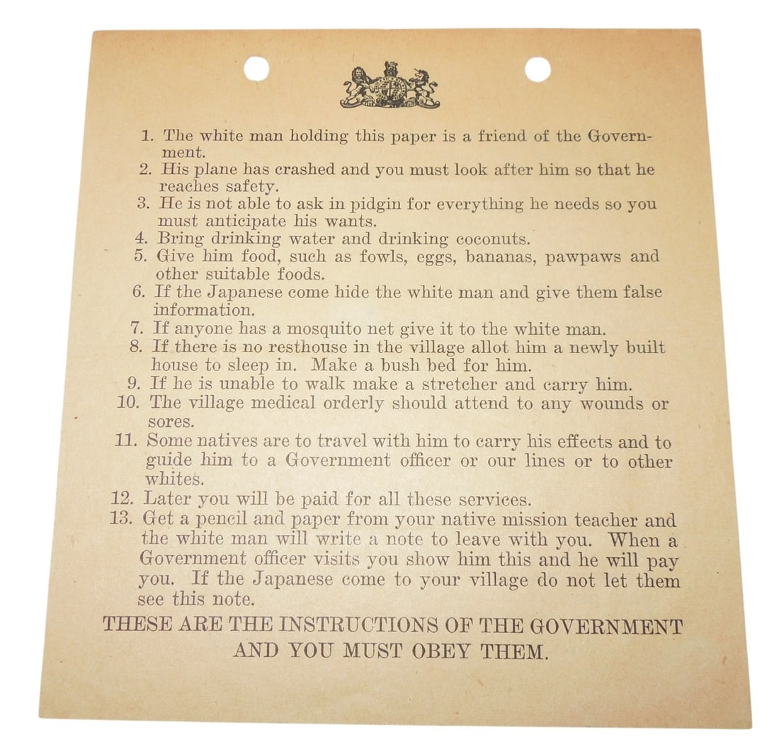 WWII British & US Pidgin English Pilot Blood Chit Paper For Native Islanders (1 of 2)