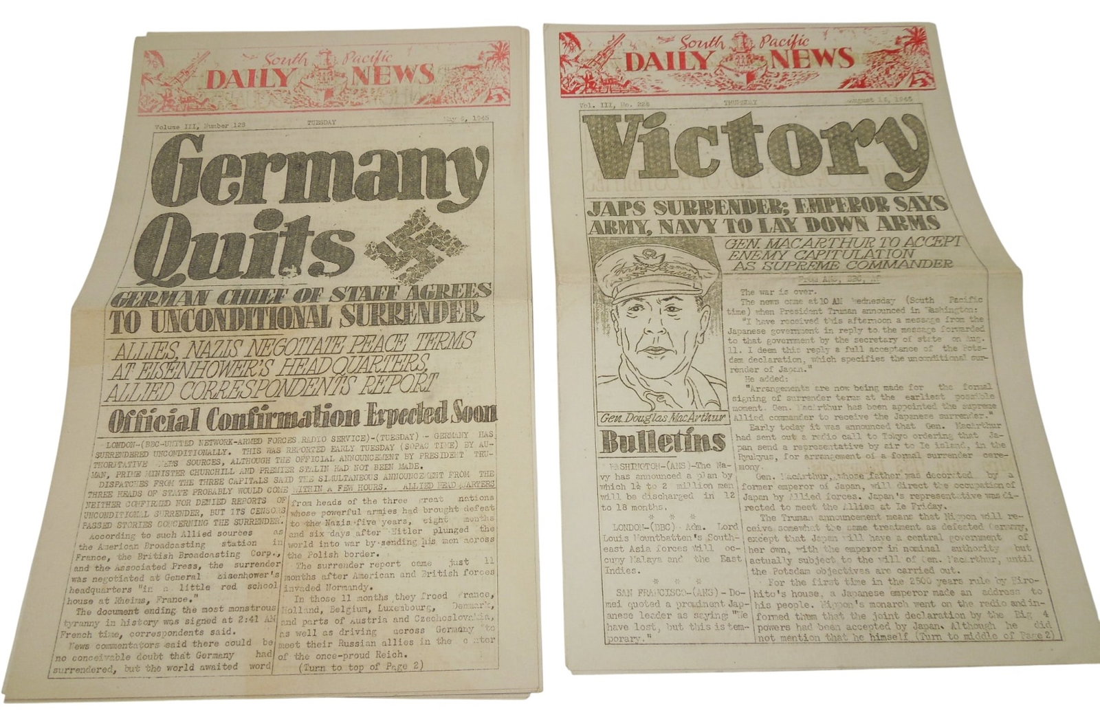 WWII South Pacific Daily News Germany Quits & Victory 1945 Newspapers: Two complete newspapers detailing the end of hostilities in Europe and the Pacific. Very good condition.