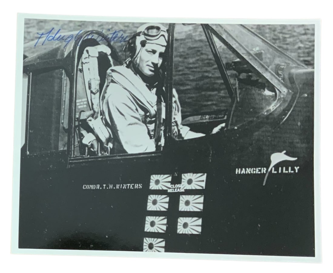 WWII Flying Ace Pilot Hugh Winters Navy Cross Recipient Signed Photo: Theodore Hugh Winters Jr. (March 11, 1913-April 25, 2008) was a highly decorated U.S. Navy Captain. He was a flying ace credited with eight aerial victories and was awarded two Navy Crosses during the