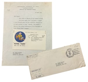 WWII 1945 General Chennault Signed Letter & 14th Army Air Force Flying Tigers Emblem