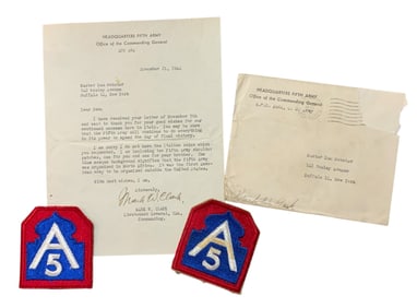 WWII 1944 5th Army Lt. General Mark Clark Signed Letter, Envelope & Patches