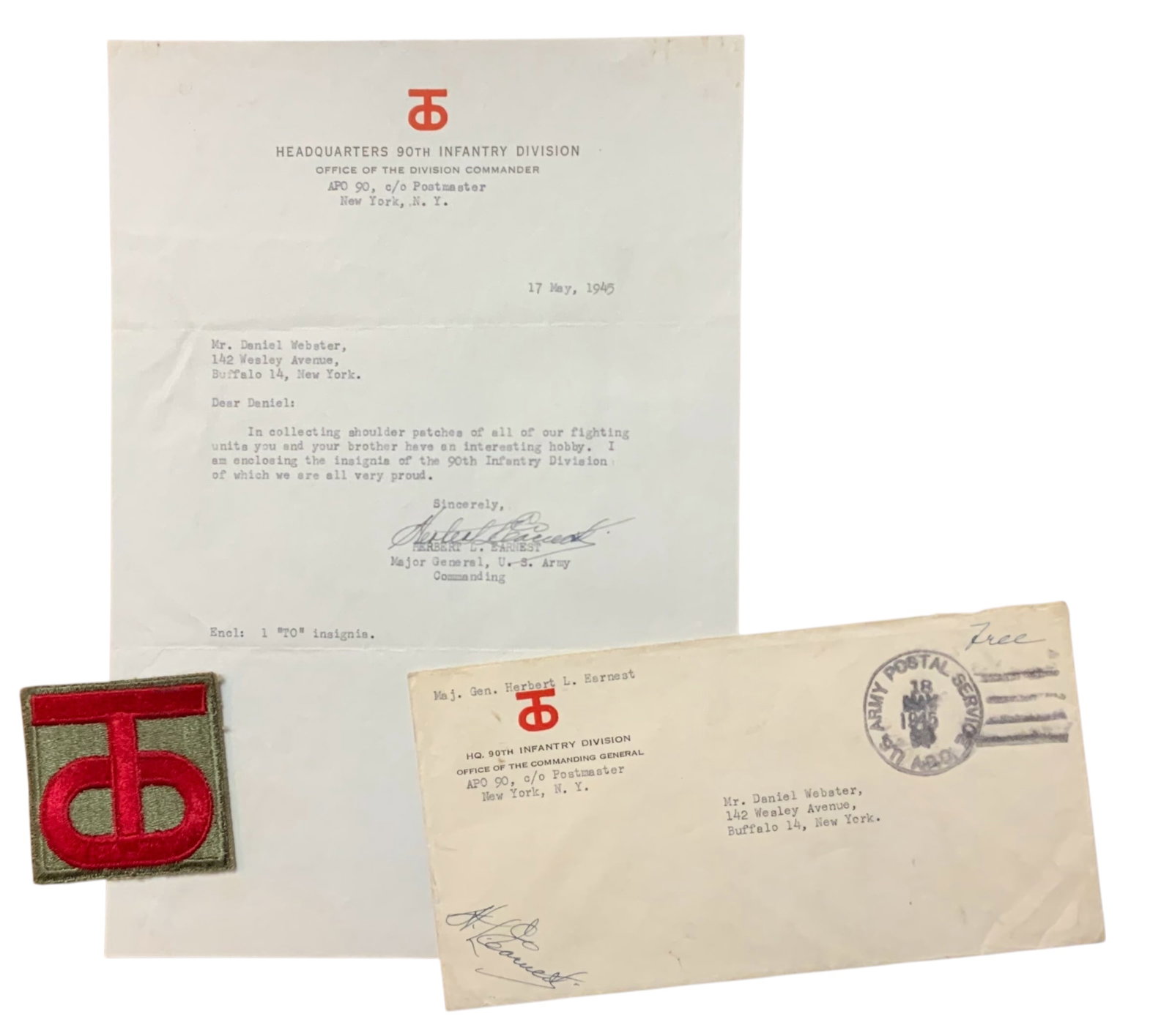 WWII 1945 Army 90th Infantry Division Signed Letter, Envelope & Patch General Earnest: WWII 1945 Army 90th Infantry Division Signed Letter, Envelope & Patch General Earnest. 1945 Letter from Major General Herbert L. Earnest to the recipient who requested a shoulder patch. The envelope i